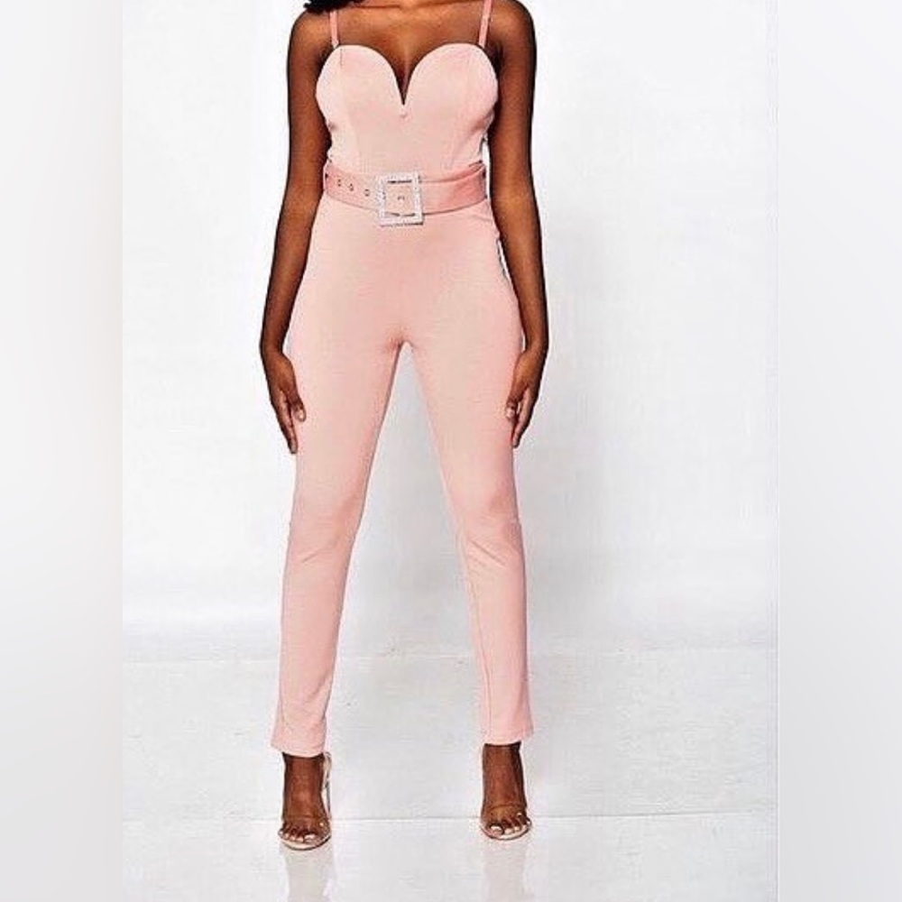 Pink one piece bodysuit with diamond belt